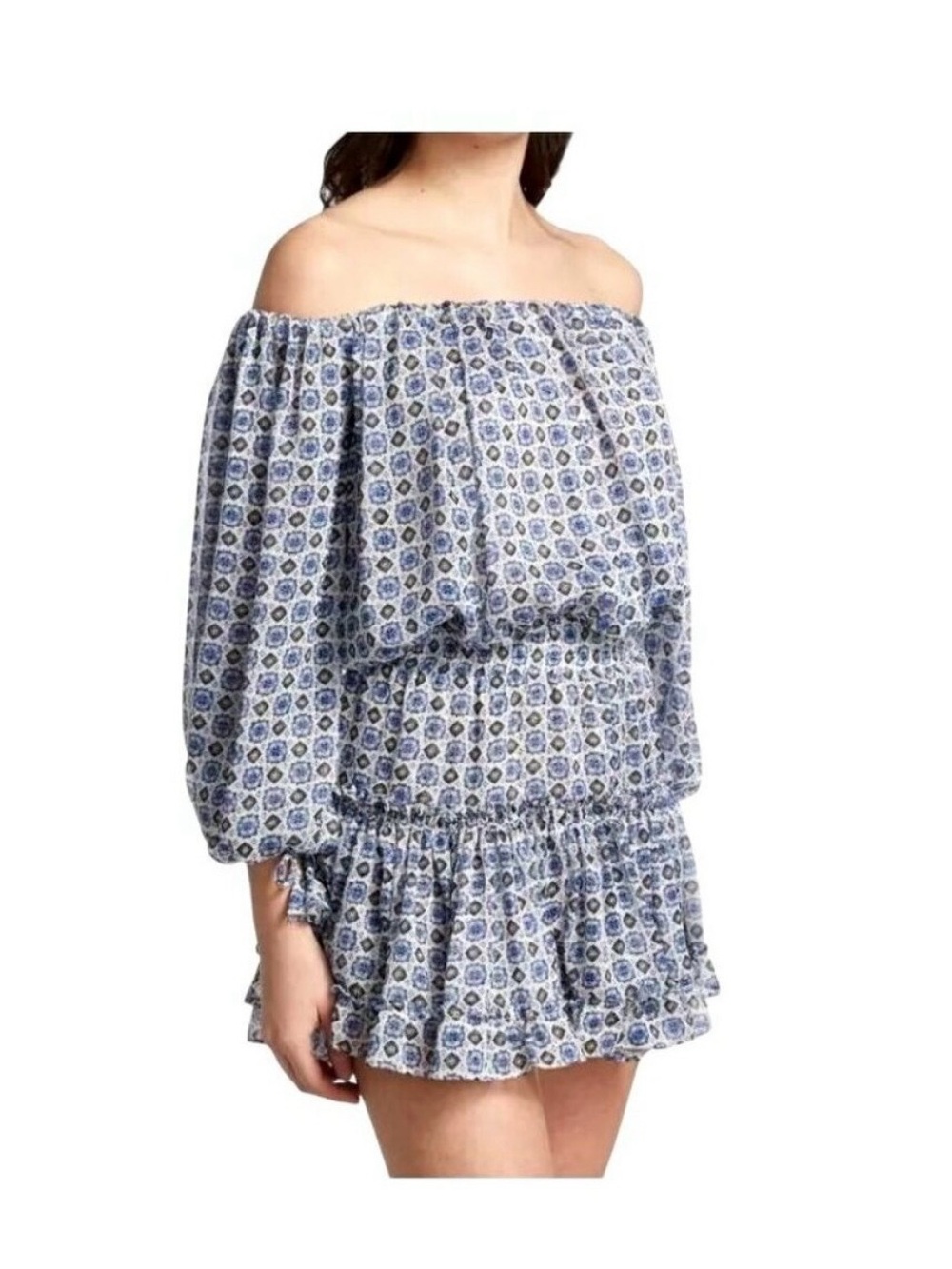 NWT Misa Los Angeles Off-the-Shoulder Blue and White Printed Mini Dress
